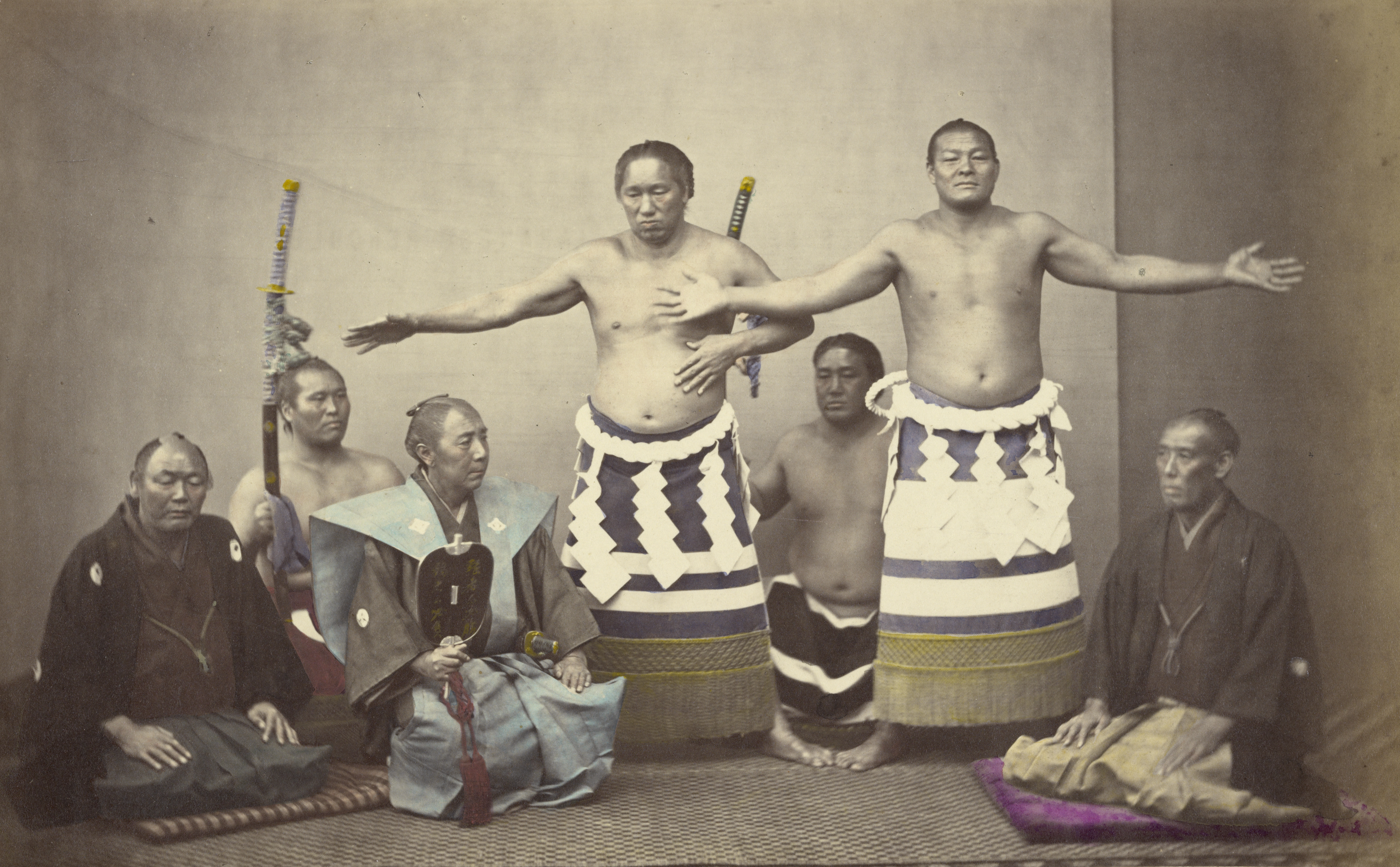 Historical photo of sumo wrestlers. Felice Beato, Public domain, via Wikimedia Commons